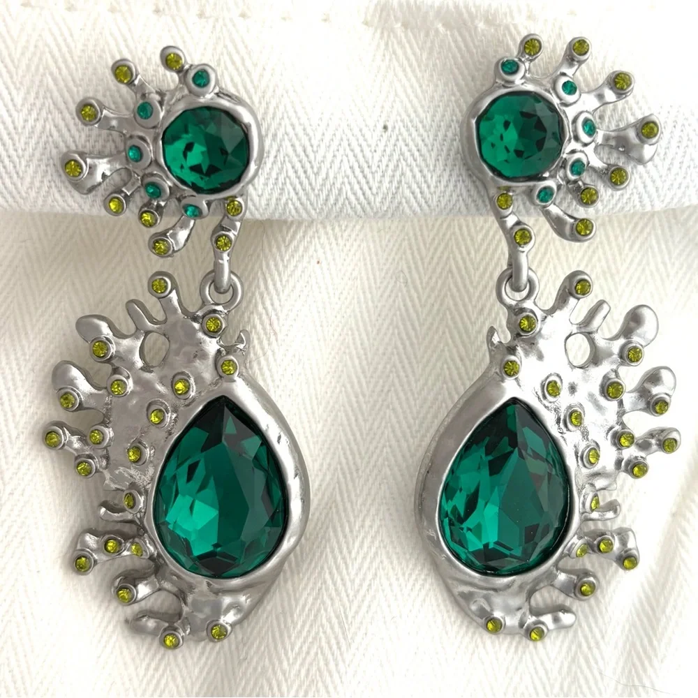 Oscar de la Renta • Silver Emerald Green Crystal Cactus Drop Post Earrings